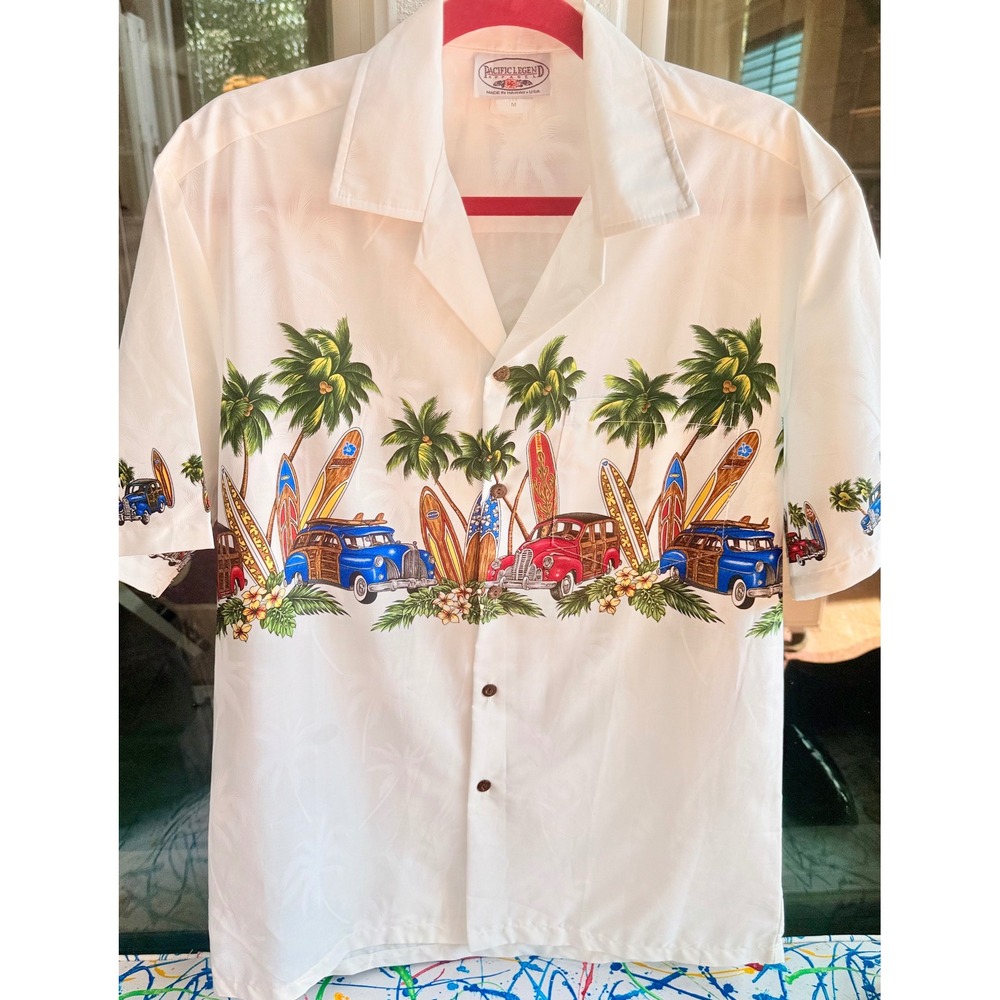 Pacific Legend Hawaiian Shirt Surf Woody Cars Palm Trees White Medium Made USA
